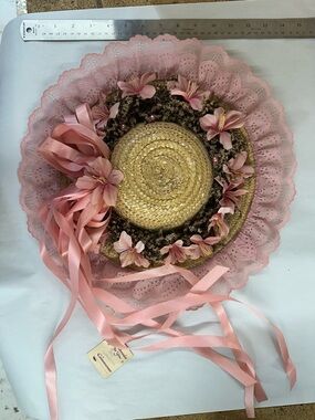 Vintage Handmade Straw Floral Lace Sun Hat with Pink Ribbons